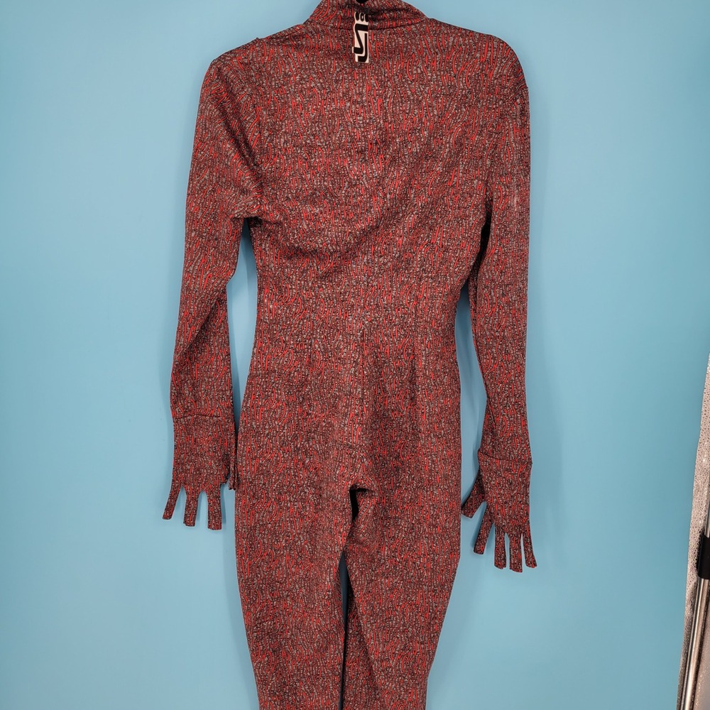 Shane Justin Jumpsuit Womens XL Red Gray Abstract Gloved sexy Maximalist NWT